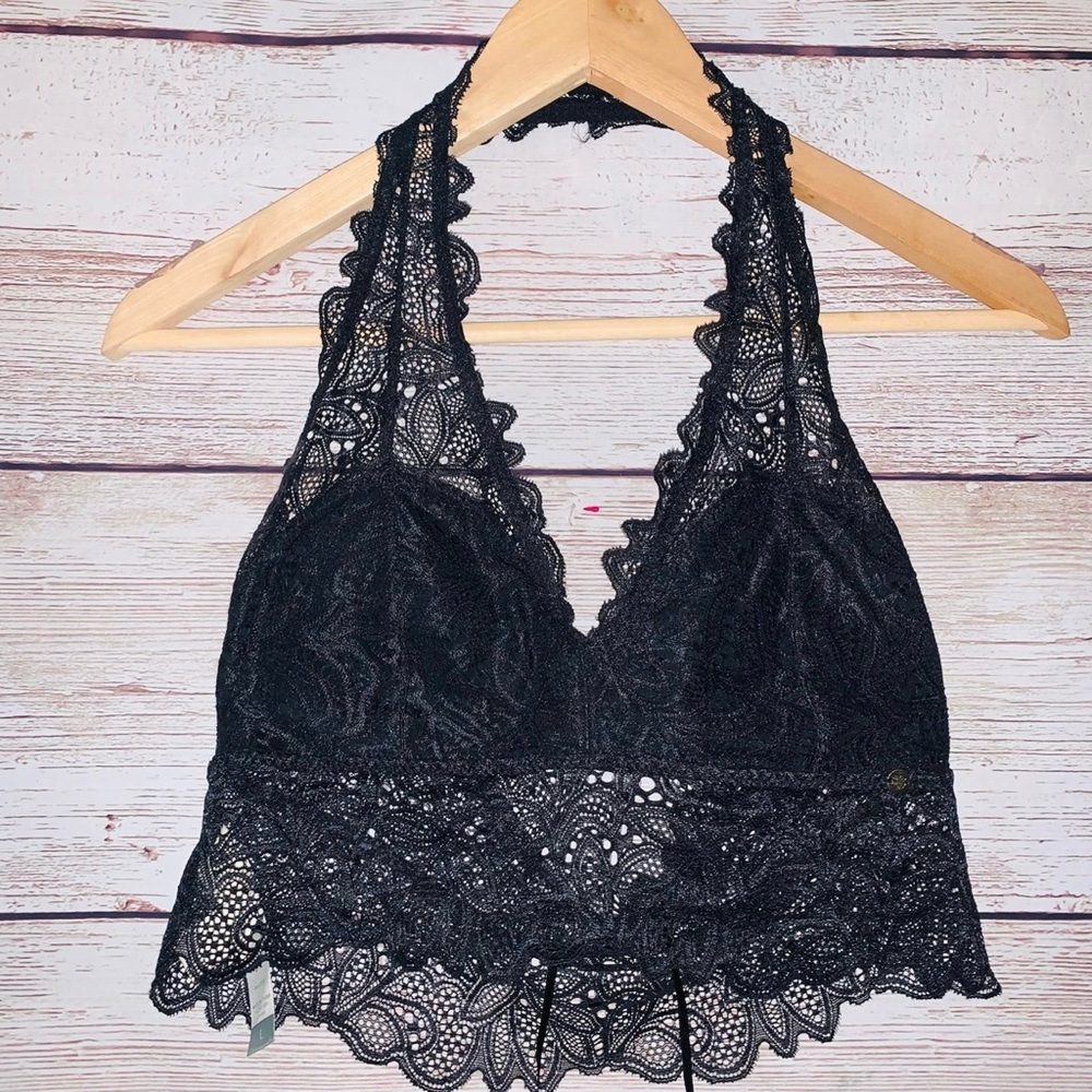 NWOT Lucky Brand Padded Lace Halter Bralette Bra Top Black Size Large